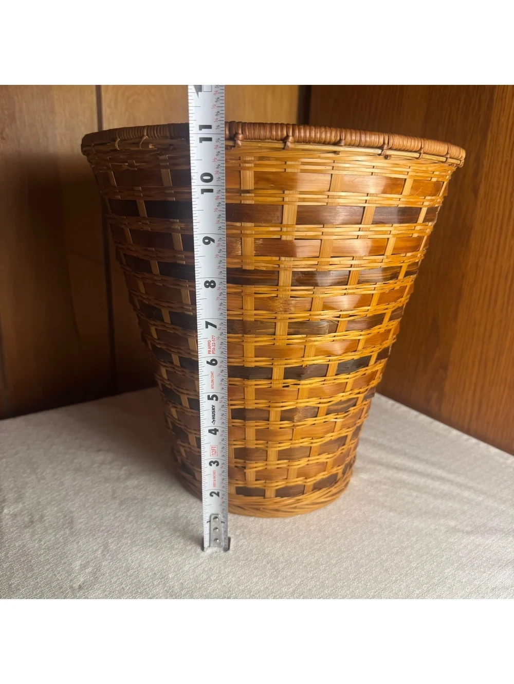 Vintage Japanese Handwoven Bamboo Basket Signed 11” Woven Storage Basket